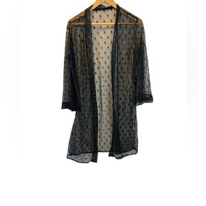 Black Sheer Lace Patterned 3/4 Sleeve Over Piece Robe S